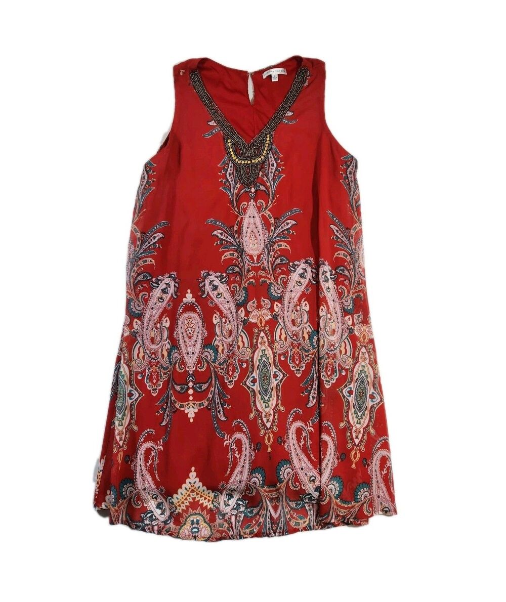 Sandra Darren Red Paisley Embellished Sleeveless Dress Womens Beaded Size 16 NWT